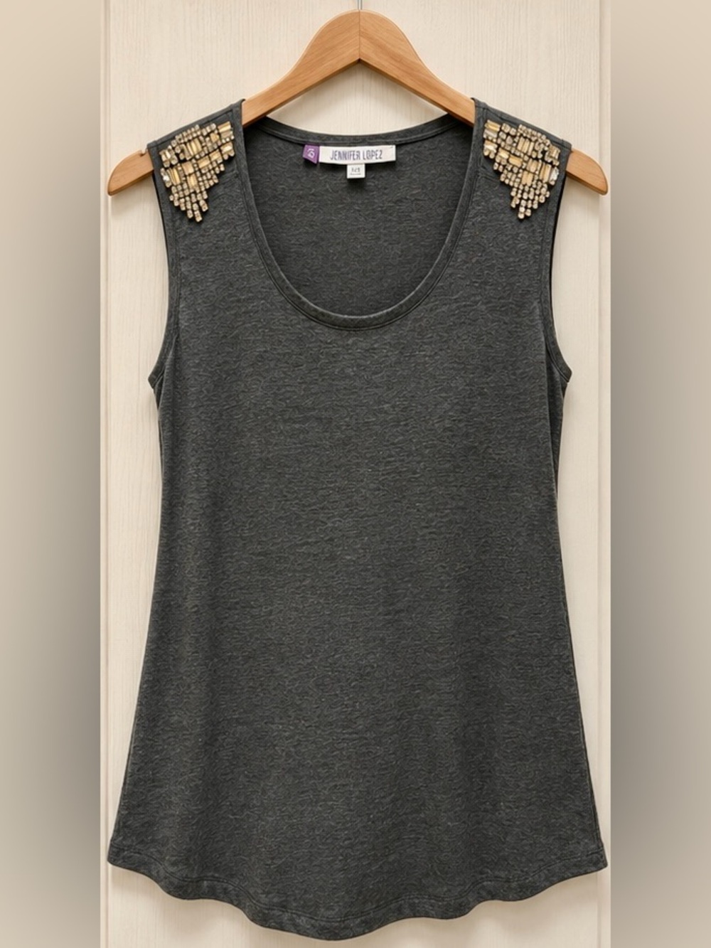 Jennifer Lopez Gray Linen Blend Embellished Shoulder Tank Top XS Glam Chic Boho